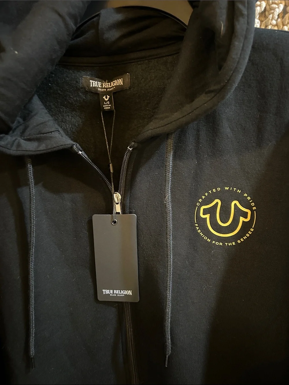 True Religion Black Zip Hoodie with Yellow Horseshoe Logo